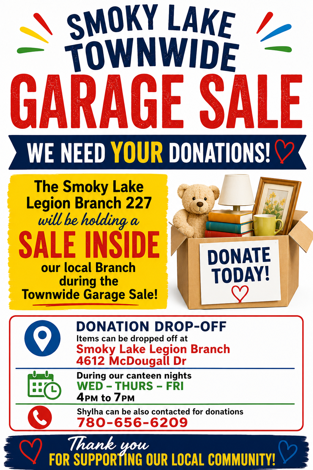 Garage sale donation appeal — original branch poster; details summarized alongside