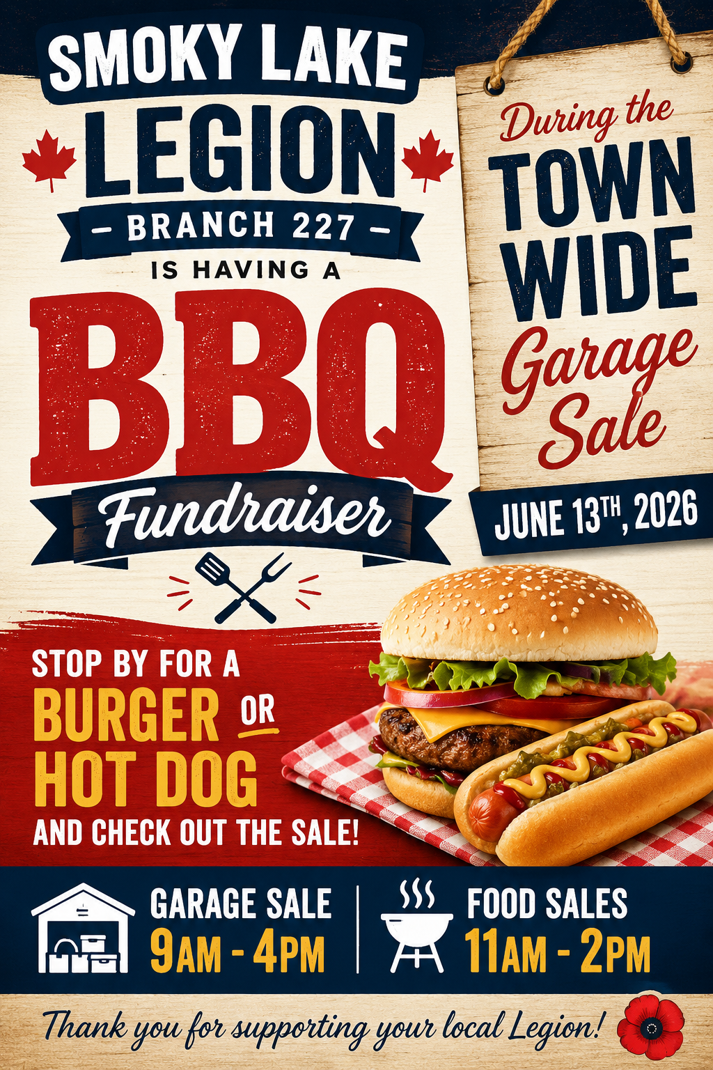 Townwide garage sale & BBQ — original branch poster; details summarized alongside