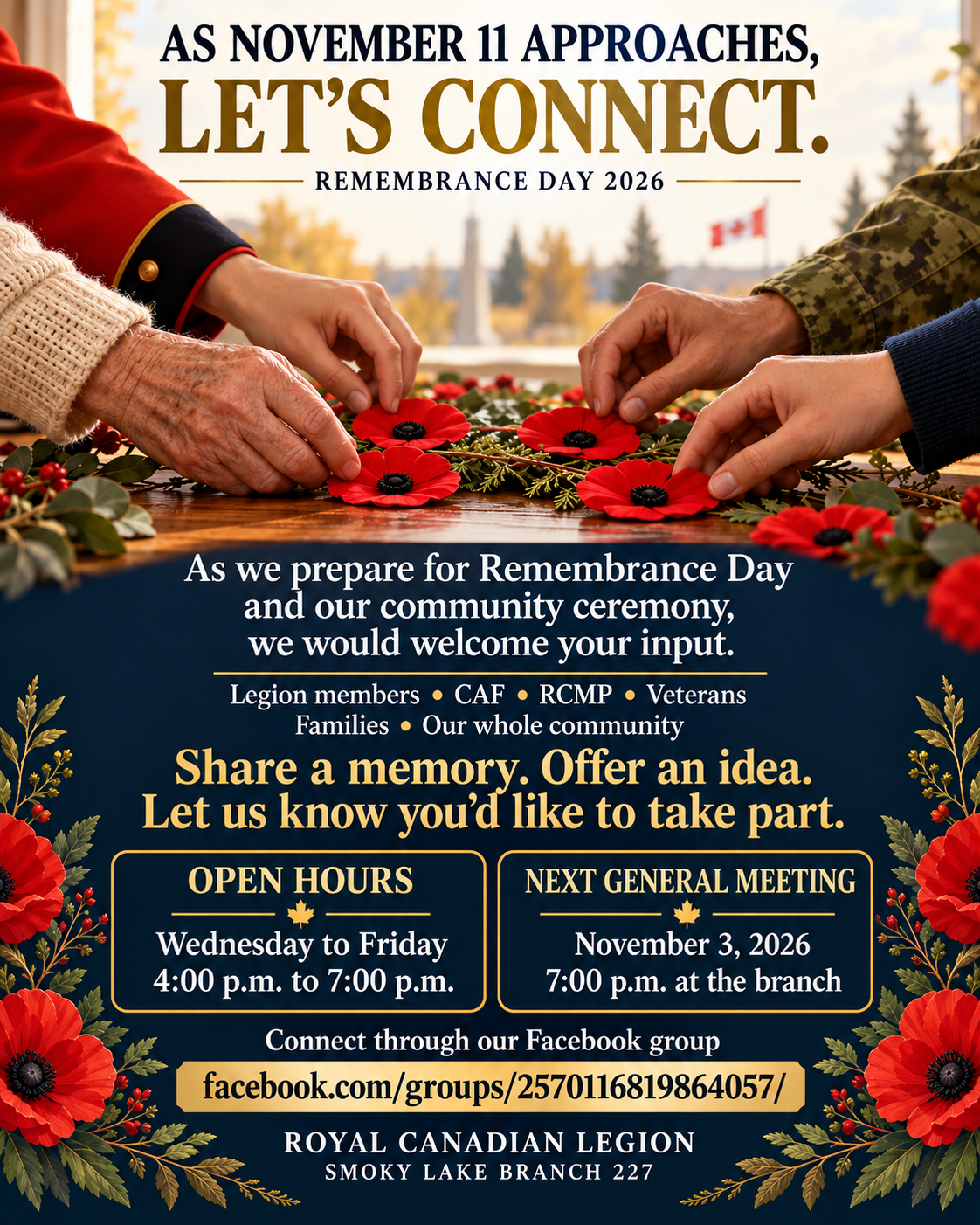 Take part in remembrance — original branch poster; details summarized alongside